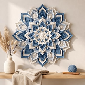 Pode incluir: Uma tapeçaria circular de crochê com um design de mandala em camadas em tons de azul escuro, azul claro e creme. O intrincado padrão floral consiste em várias fileiras de pétalas pontiagudas que irradiam de um centro texturizado.