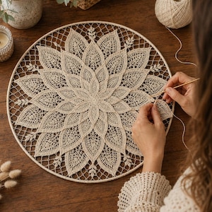 May include: A circular cream-coloured crochet wall hanging featuring an intricate, multi-layered floral pattern with pointed, leaf-like petals radiating from the centre, all secured within a thin, matching circular frame made of light-coloured wood.