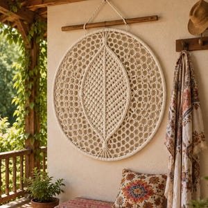 May include: A large circular macrame wall hanging featuring an intricate knotted lattice pattern with a central leaf-shaped design, suspended from a horizontal wooden rod by a braided cord, crafted from off-white cotton rope.