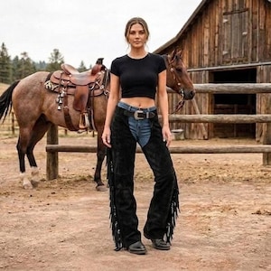 May include: Black suede leather chaps featuring long fringe detailing along the outer legs, worn over blue denim jeans with a brown leather belt and a silver-toned buckle, paired with a black short-sleeved crop top shirt.