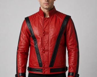 マイケル・ジャクソン スリラー ジャケット メンズ レッド レザー コスチューム ハンドメイド ブラック ストラップ バイカー ジャケット コスプレ