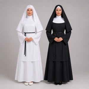 May include: Two full-length nun costumes, one entirely white and one black with a white collar and headpiece. Both outfits feature long sleeves, a layered skirt design, and a thin black tie belt at the waist, worn with matching head coverings.