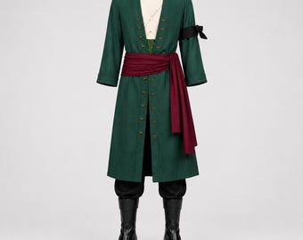 Zoro One Piece Kostium Ręcznie Robiony Zielony Bawełniany Skórzany Szermierz Samuraj Cosplay Anime Strój