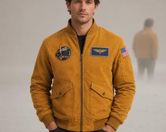 プロジェクト・ヘイル・メアリー・ジャケット メンズ コーデュロイ ボンバー スペースミッションパッチ パイロットコート コスチューム ハンドメイド