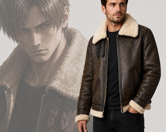 レオン・ケネディ RE4 ジャケット メンズ 本革 シアリング ハンドメイド ブラウン ブラック ボンバーコート