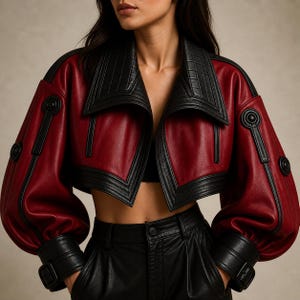 May include: A cropped jacket in deep red with black leather accents, featuring voluminous sleeves, a wide collar with grid-patterned stitching, and black circular embellishments on the sleeves. The jacket has black cuffs with buckles.
