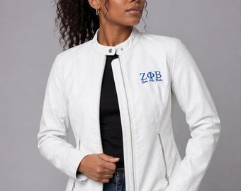 Zeta Phi Beta ジャケット レディース ホワイト レザー ソロリティ コート カスタム刺繍入り ハンドメイド アウター