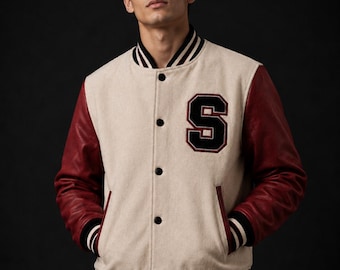 Kurtka uniwersytecka inspirowana pająkiem, ręcznie robiona, kremowo-bordowa, skórzana, typu bomber, unisex, odzież wierzchnia w stylu streetwear