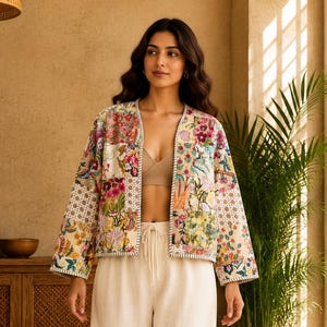 May include: A long-sleeved, open-front jacket featuring a multi-coloured patchwork floral pattern with white trim, paired with high-waisted, wide-leg cream-coloured trousers that have a drawstring waist and a beige cropped top underneath.