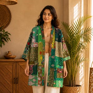 Indian Vintage Patchwork Silk Kimono , Bohemian Kantha Kimono Jacket , Gift For Her