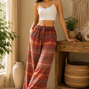 Vintage Sari Silk Pyjamas, Geometric Chevron Print, Bohemian Trousers, Elastic Waist , Gift For Her