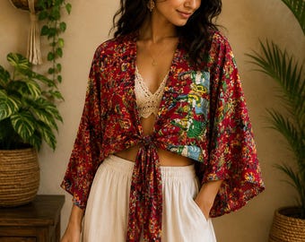 Handmade Statement Bell Sleeve Top , Lightweight Flowy Wrap Blouse , Festival Clothing for Women