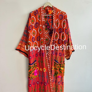 Phulkari lång blombroderad kimono-morgonrock, handbroderade damkläder, indiska kläder