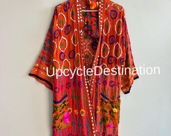 Handgemaakte phulkari-kimonobadjas, Indiase boho lange kimono voor dames