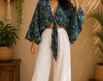 Boho crop top met gestrikte voorkant, vintage zijden omslagtop, boho blouse met klokmouwen