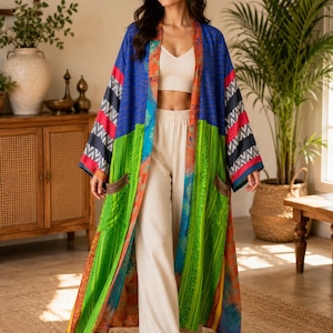 Vintage sidenkofta, vintage återvunnen boho lapptäcke kimono damjacka, festivalklänning