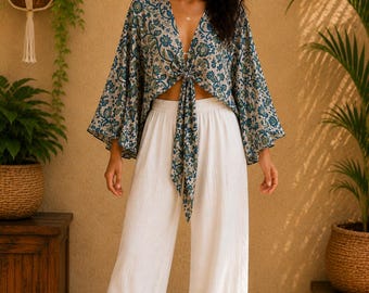 Croptop met bohomouwen, statement festivalkleding voor dames, blouse met wijd uitlopende mouwen