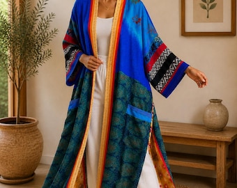 Lichtgewicht stofdoek met open voorkant, boho-patchworkkimono voor dames, kleurrijke festivalcover-up