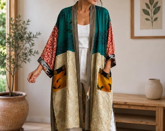 Boho patchworkkimono voor dames, lichtgewicht stofdoek met open voorkant, kleurrijke festivalcover-up