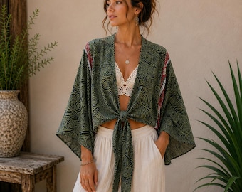 Bohemian Floral Print Wrap Crop Top, Flowy Bell Sleeve Blouse