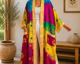 Vintage geüpcycled boho patchwork kimono damesjack, vintage zijden stofdoekvest, festivalcover-up