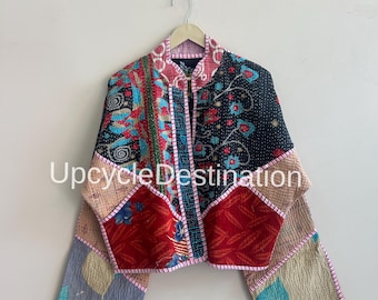 Handgemaakt patchworkjack dames gewatteerd bijgesneden boho katoenen jack