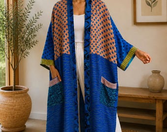 Bohemian Festival Cover Up , Vintage Silk Patchwork Kimono Jacket