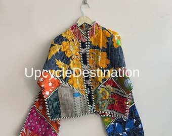 Veelkleurig patchworkjack Gewatteerde boho cropped jas handgemaakt katoenen jack