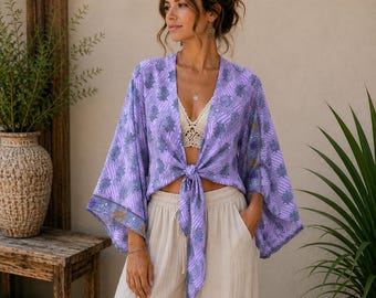 Zijden damestop met klokmouwen, vintage retro wikkelblouse, zomervakantietop voor haar