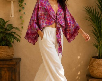 Zijden damestop met klokmouwen, vintage retro wikkelblouse, zomervakantietop voor haar