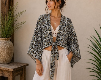Soepelvallende zijden top met vlindermouwen, blouse in bohostijl voor dames, cadeau voor haar