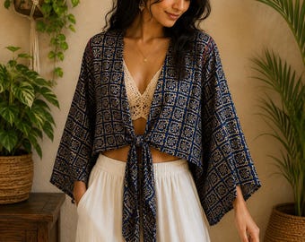 Handgemaakte boho-overslagtop, bloemenprint, wijde mouwen, blouse met gestrikte voorkant