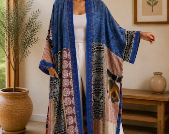 Boho festival cover-up, vintage zijden patchwork kimonojack