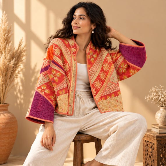 Colorful Kantha Jacket Women Patchwork Cropped Handmade Quilted Boho Coat Vintage Indian Jacket