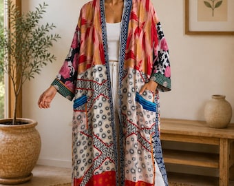 Indiase vintage boho zijden patchwork kimonojas, boho festival cover-up, cadeau voor haar