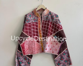 Kleurrijke kantha dames jas patchwork bijgesneden handgemaakte gewatteerde boho jas vintage Indiase jas