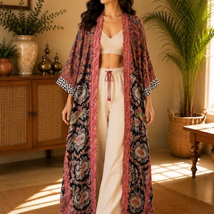 Upcycled Bohemian Patchwork Kimono Jacket, Crepe Silk Duster Cardigan, Festival Cover Up