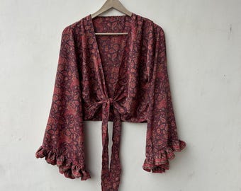 Vintage Silk Wrap Top, Bell Sleeve Boho Tunic, Tie Front Crop