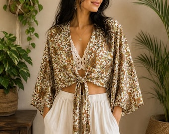 Vintage zijden overslagtop, bohotuniek met klokmouwen, gestrikte voorkant, blouse met wijd uitlopende mouwen