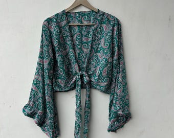Vintage crop top van crêpezijde, wijde mouwen, boho-paisleyprint