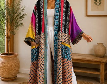 Vintage zijden stofdoekvest, vintage geüpcycled boho patchwork kimono damesjack, festivalcover-up