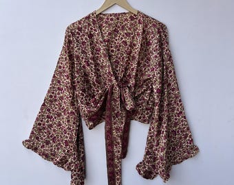 Zijden crop top, zomertop, bohoblouse met korte mouwen, avondtanktop