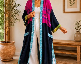 Vintage zijden patchwork kimonojasje, boho festival cover-up