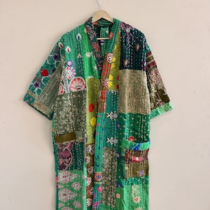 Handmade Short Kimono For Women Vintage Kantha Silk Patchwork Jacket