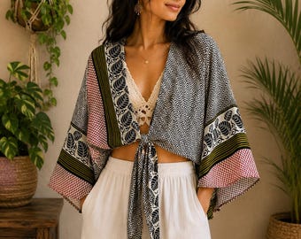 Handmade Bohemian Wrap Top, Floral Print Bell Sleeve Crop, Cotton Blend Festival Clothing