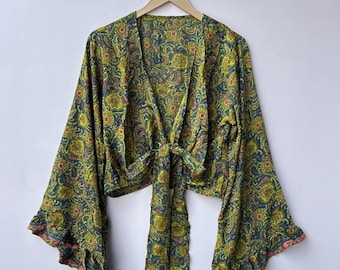 Vintage zijden crop top met overslag, jaren 70-tuniek met klokmouwen