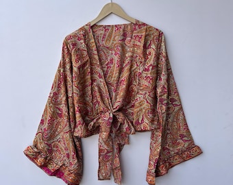 Bell Sleeve Tie Front Hippie Boho Wrap Top , Silk Bohemian Blouse , Beach Blouse