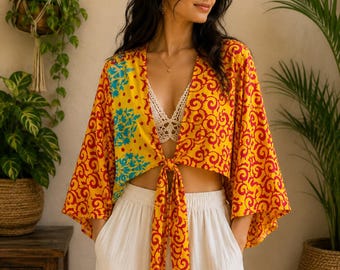 Vintage zijden overslagtop, bohotuniek met klokmouwen, gestrikte voorkant, blouse met wijd uitlopende mouwen