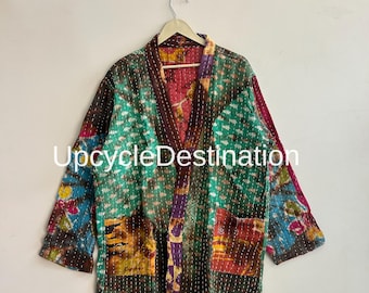 Kantha kimono jas dames boho handgemaakte gewatteerde jas vintage Indiase jas bloemen boho bovenkleding