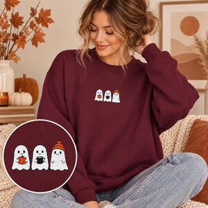 Halloween Sweatshirt mit 3 gestickten Geistern – Spooky Ghost Pullover – Cozy Herbst Sweater